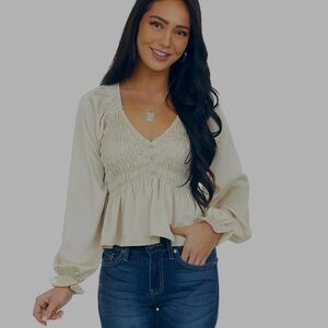 Champagne Smocked Bubble Sleeve V Neck Blouse - L
